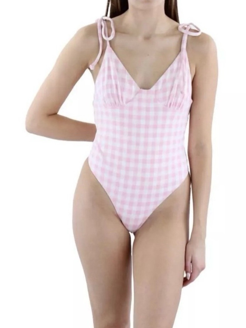 Frankie's Bikinis Pink and White Gingham One-Piece Swimsuit